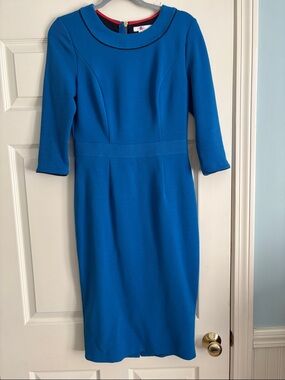 Boden textured blue sheath dress with 3/4 sleeves
